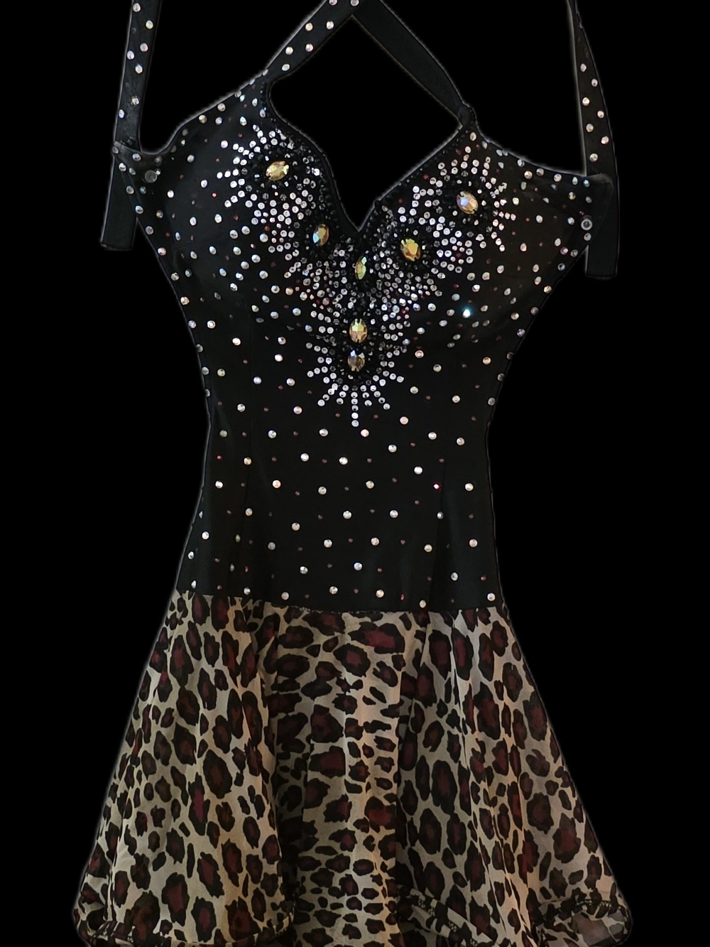 Black Leopard Pro Comp Latin Dress Hand Made Gem & Swarofski Crystal.